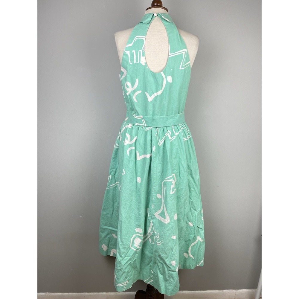 Vintage 80s Lanz Originals Halter Dress Womens 14 Aqua Green Belted Cotton - Picture 7 of 9